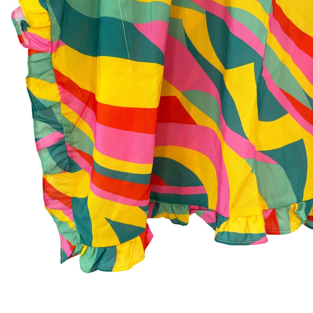 ENTRO Retro Print Ruffle Blouse NWT • Small • pink yellow green • bright funky - Picture 3 of 7